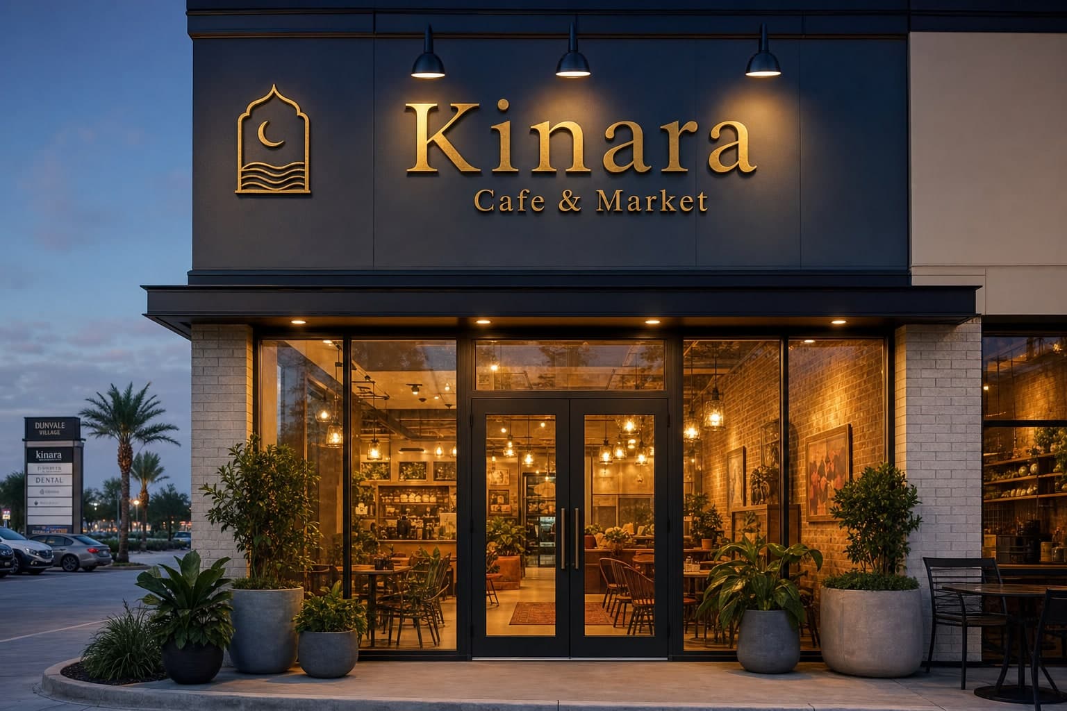 The Kinara storefront at dusk, warm light spilling onto the sidewalk