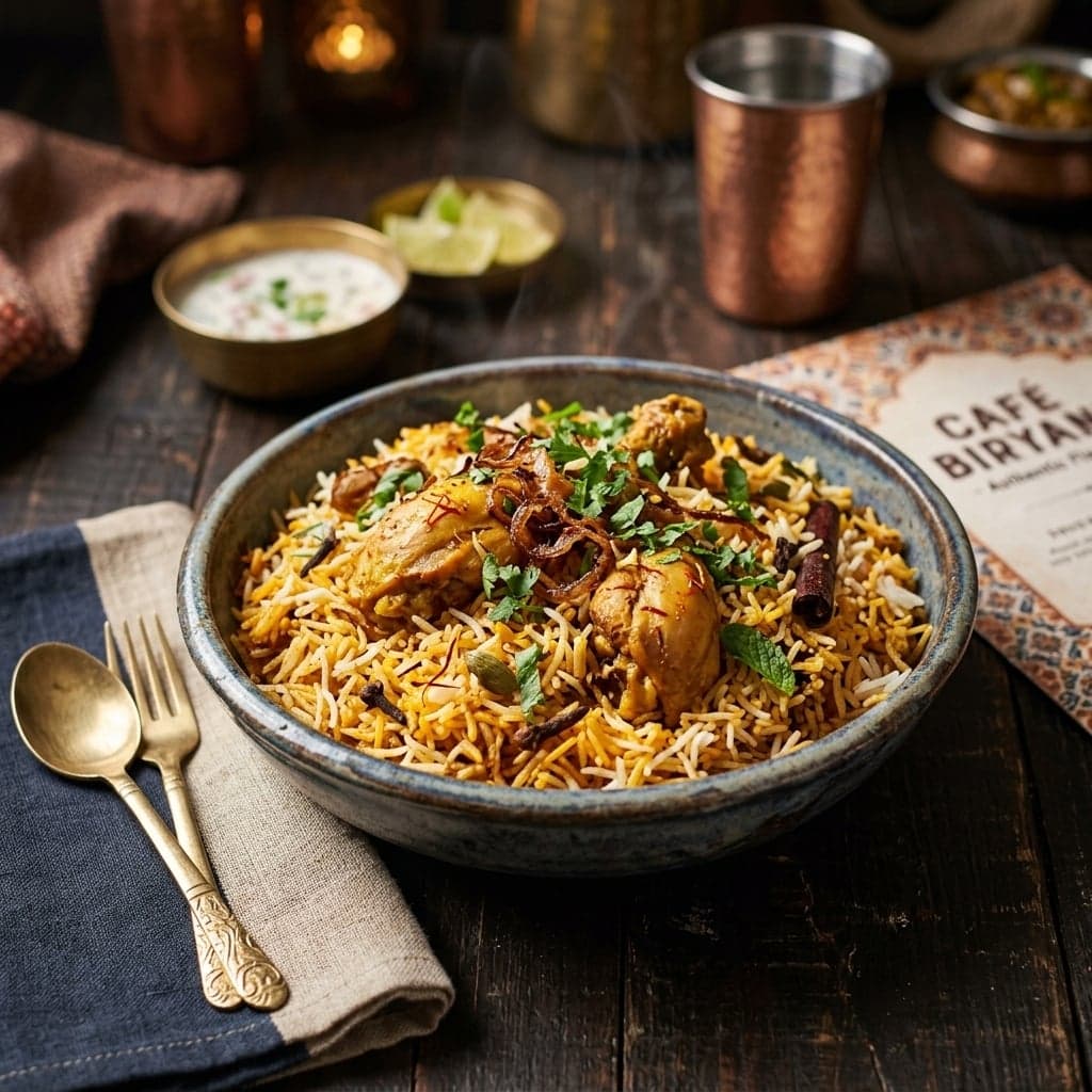 Chicken biryani with saffron basmati rice, served with raita