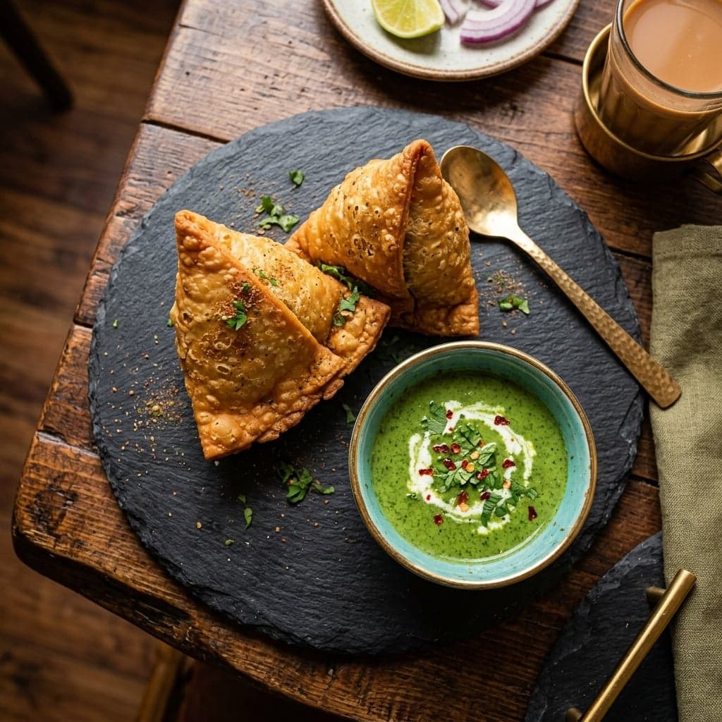 Golden fried samosas with mint and tamarind chutneys